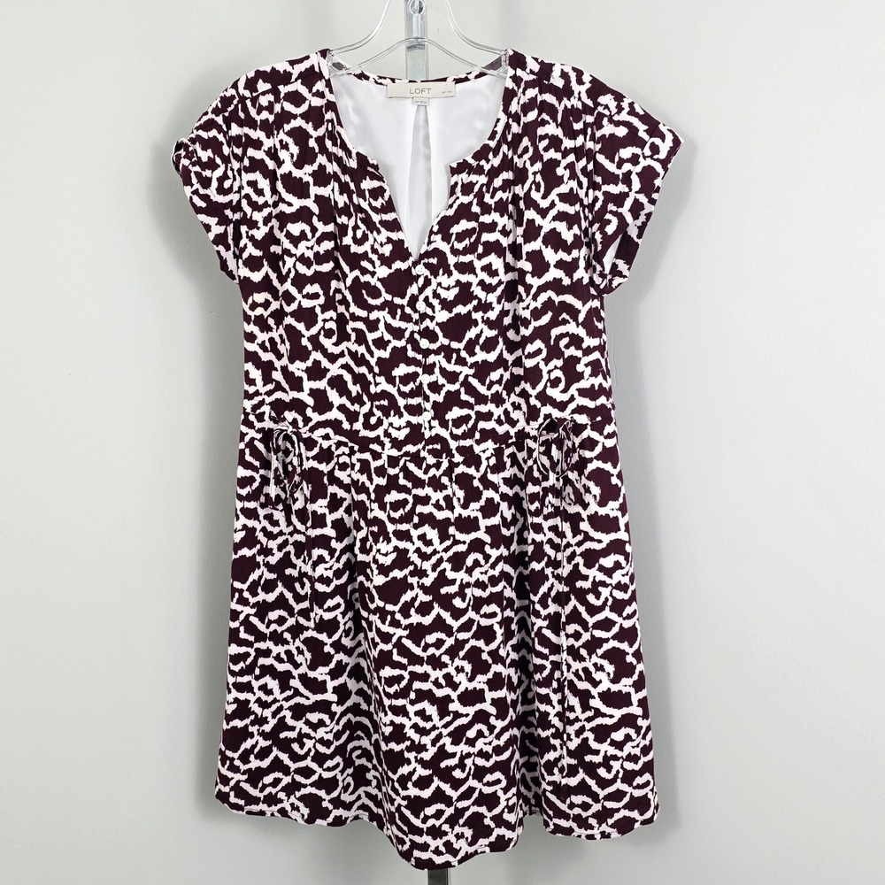 LOFT Round V-Neck Short Sleeve‎ Two Front Tie Print Brown White Dress XSP
